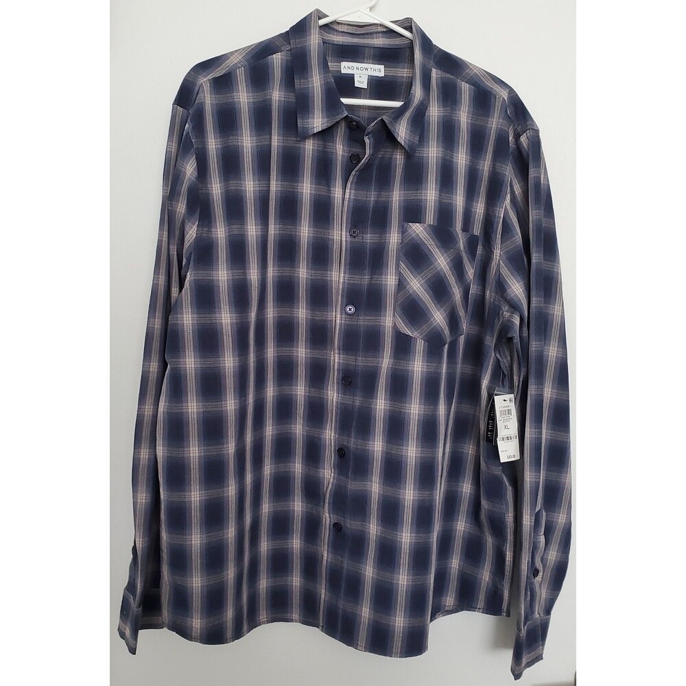 NWT And Now This Men’s Plaid Button Down Shirt Size XL Navy Cream Plaid Woven LS